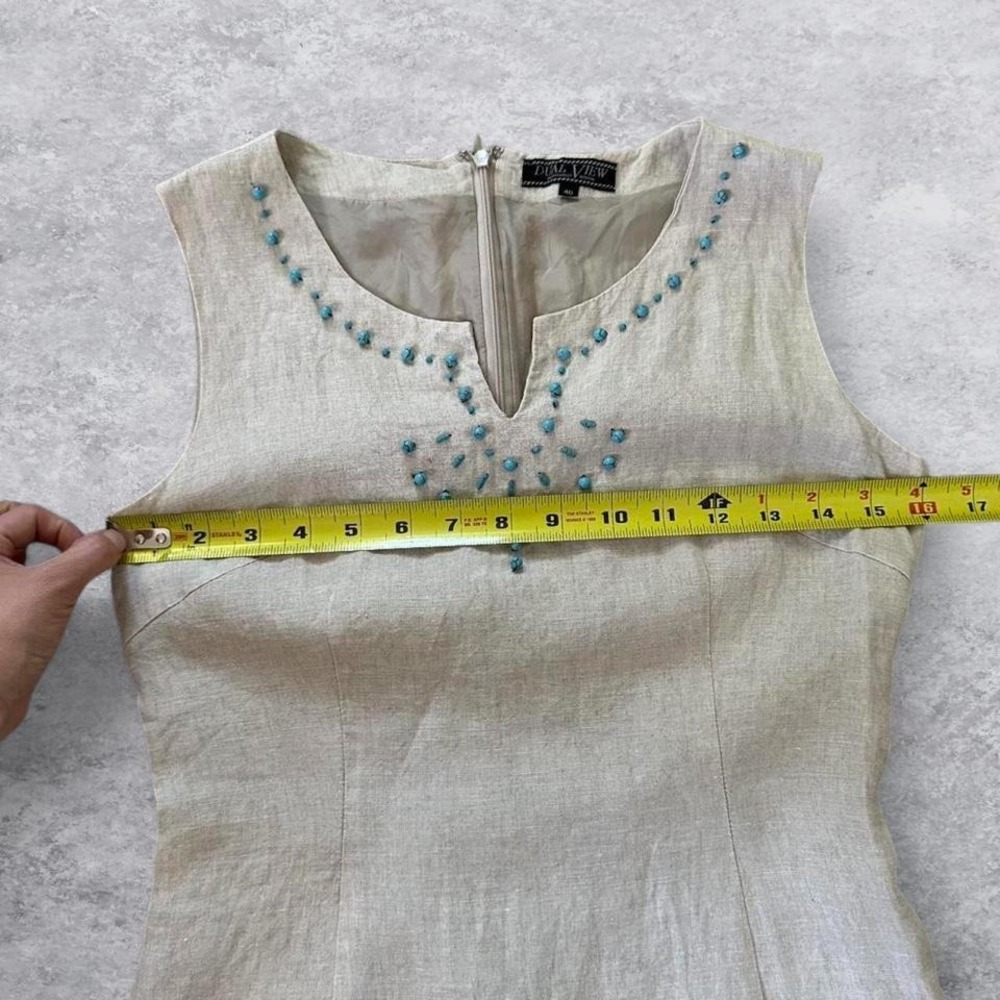 Dual View Beige Linen Beaded Sleeveless Midi Sheath Dress Turquoise Beading‎ - Picture 6 of 8